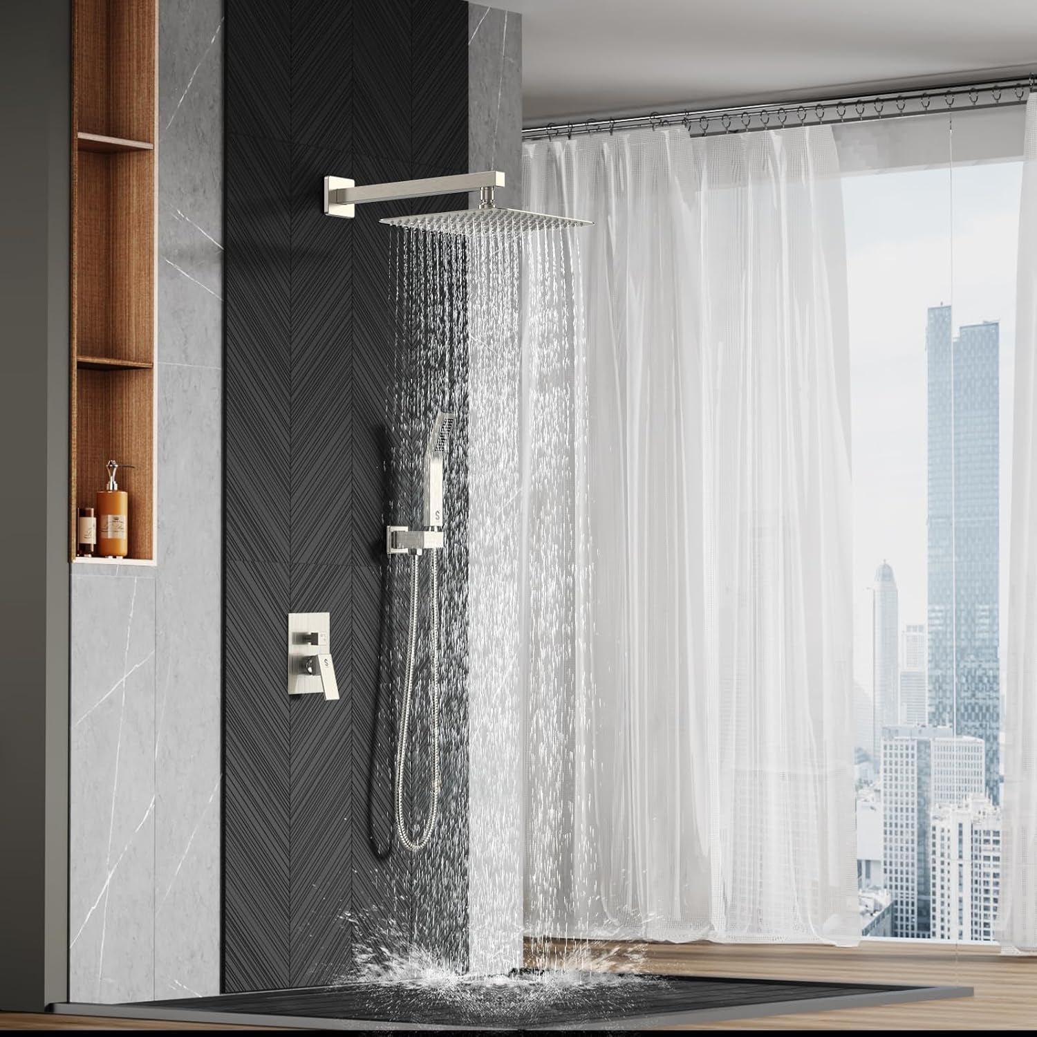 Luxury 12-Inch Rainfall Shower Combo Set - Wall-Mounted Brushed Nickel Finish with Mixer Faucet System