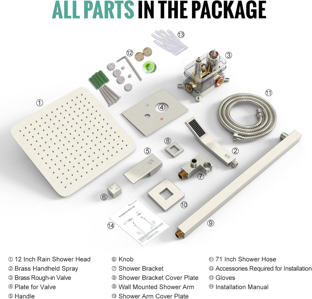 Luxury 12-Inch Rainfall Shower Combo Set - Wall-Mounted Brushed Nickel Finish with Mixer Faucet System