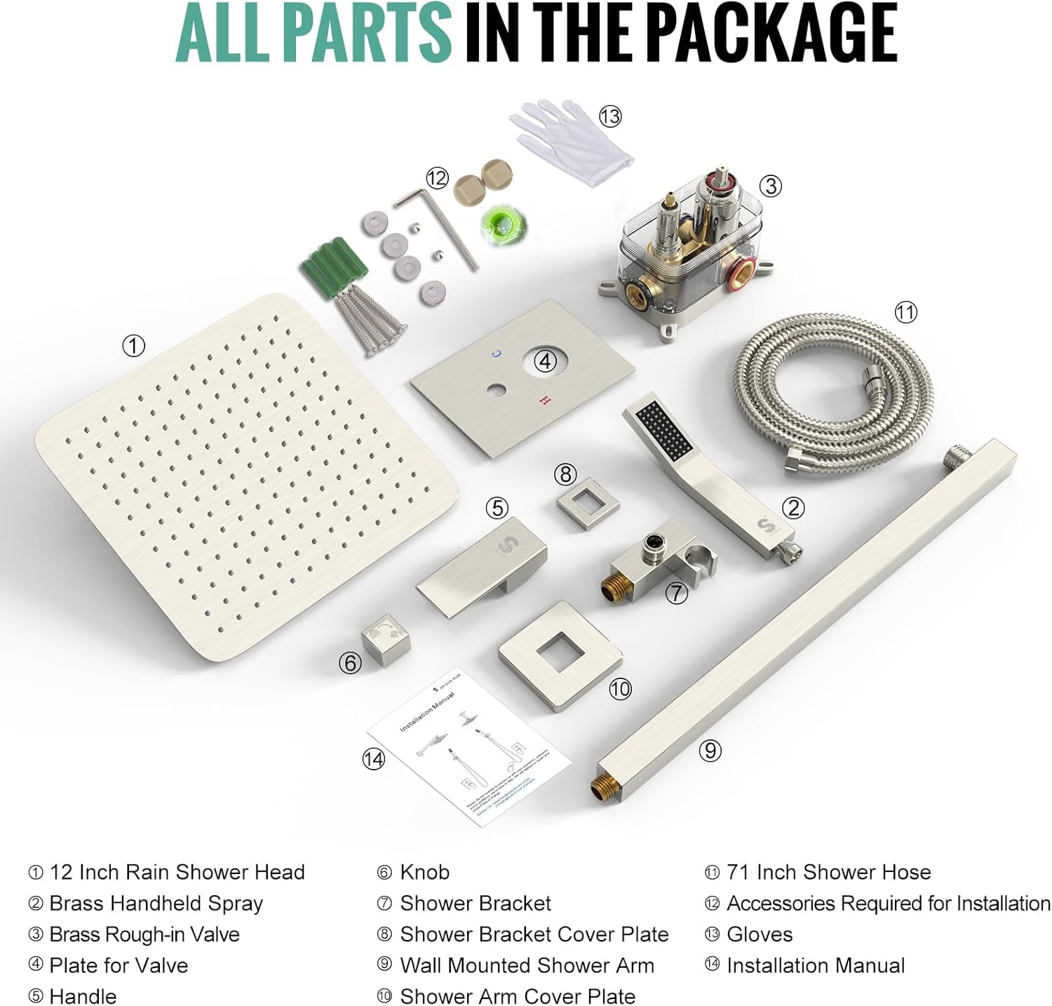 Luxury 12-Inch Rainfall Shower Combo Set - Wall-Mounted Brushed Nickel Finish with Mixer Faucet System