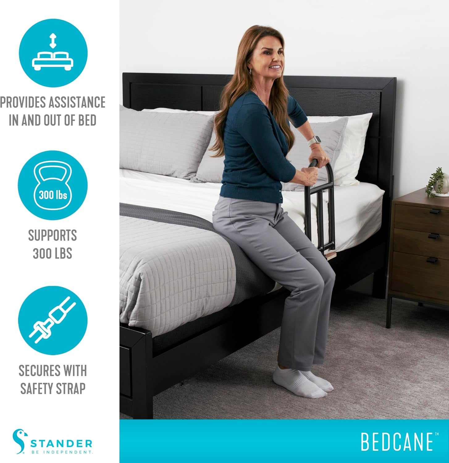 Bedcane, Adult Bed Rail and Support Handle, Bedside Safety Elderly Stand Assist with Organizer Pouch, ASTM Safety Approved Bedrail