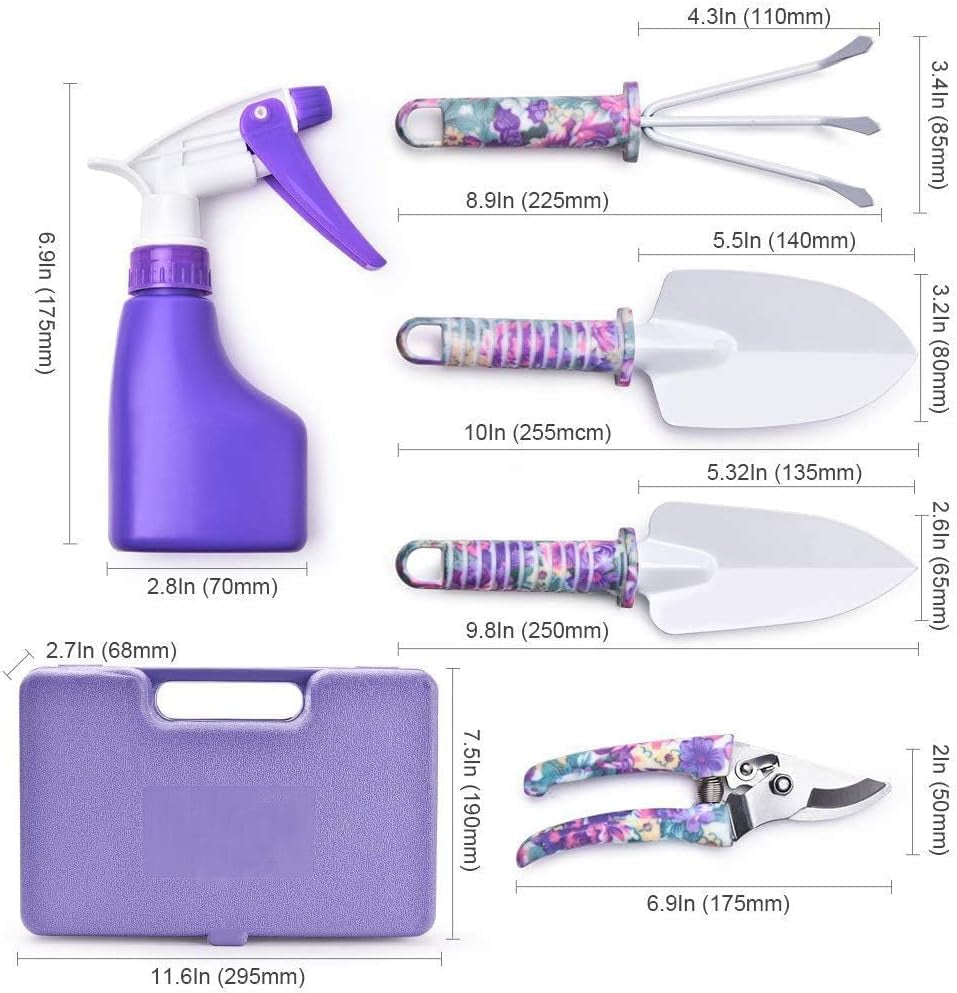 Gardening Tools,5 Pieces Garden Tools with Floral Print, Ergonomic Handle Trowel Rake Weeder Pruner Shears Sprayer,Gardening Supplies with Carrying Case Gifts for Women