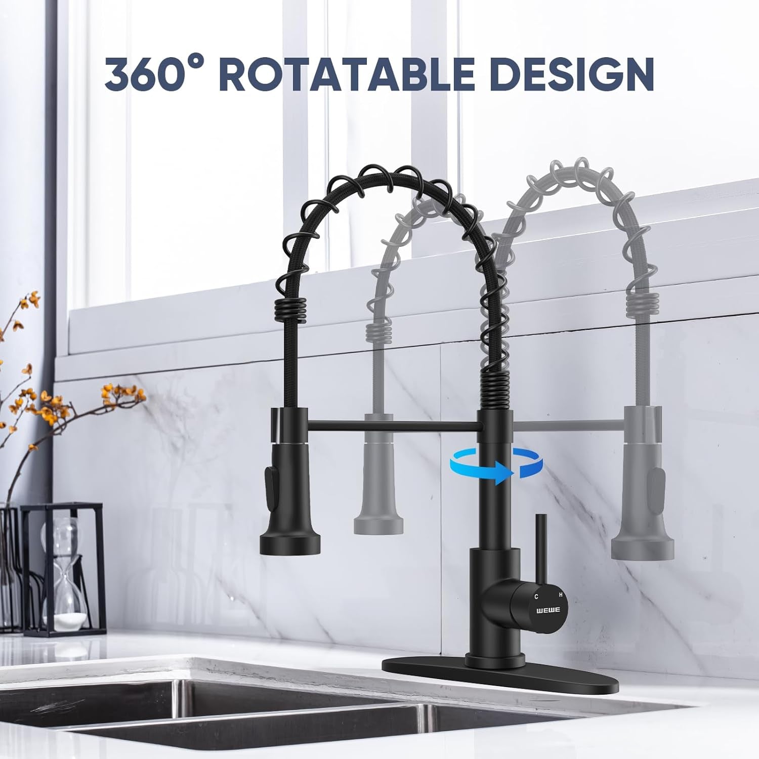 Kitchen Faucets with Pull down Sprayer Commercial Industrial Stainless Steel Single Handle Single Hole Spring Farmhouse RV Sink Faucet, Matte Black Kitchen Faucet for Laundry Utility Room Sink