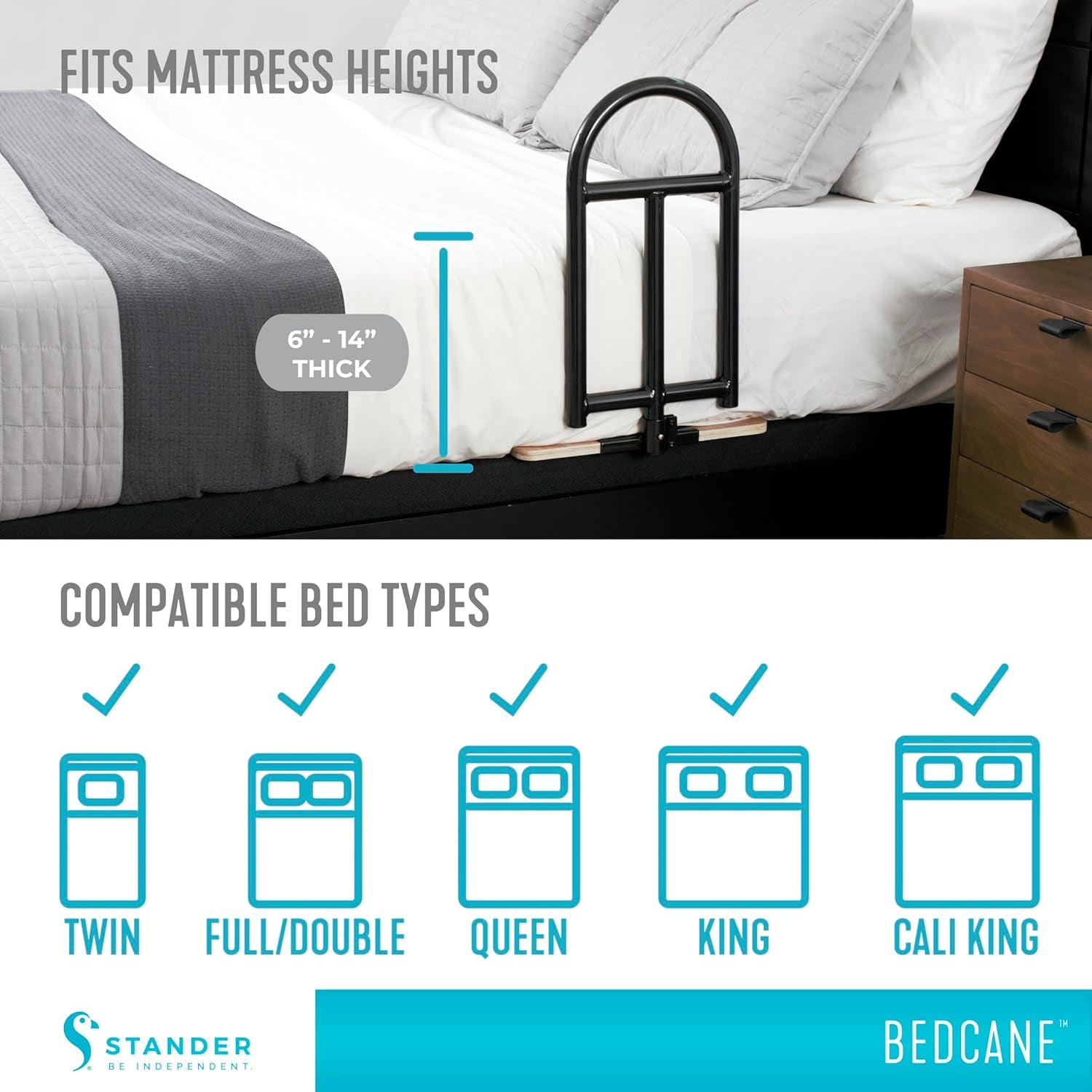 Bedcane, Adult Bed Rail and Support Handle, Bedside Safety Elderly Stand Assist with Organizer Pouch, ASTM Safety Approved Bedrail