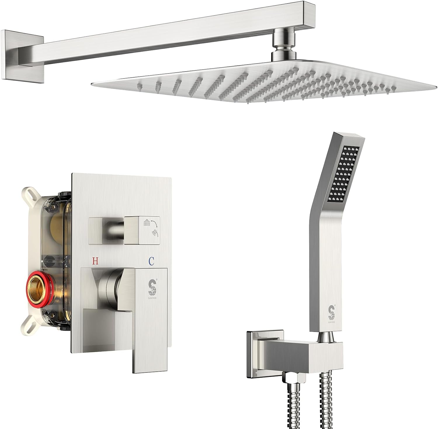 Luxury 12-Inch Rainfall Shower Combo Set - Wall-Mounted Brushed Nickel Finish with Mixer Faucet System