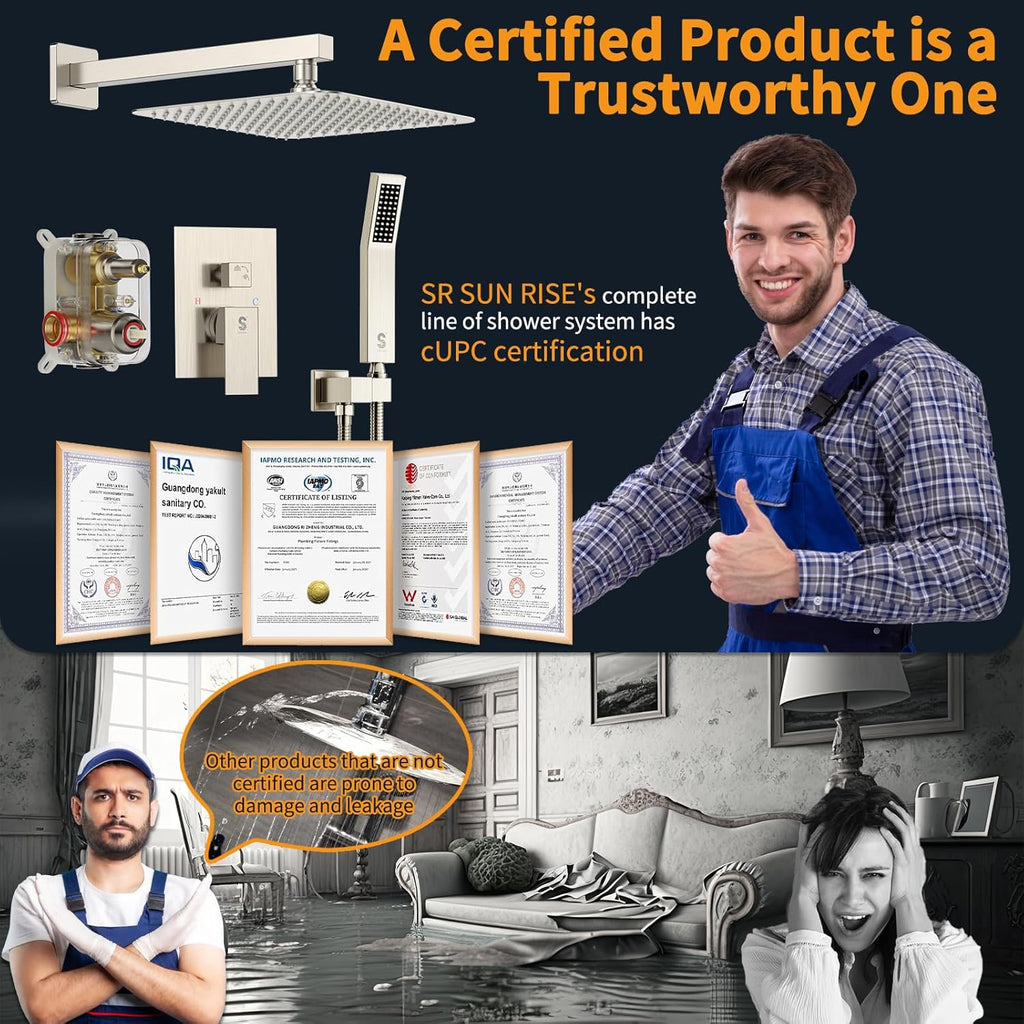 Luxury 12-Inch Rainfall Shower Combo Set - Wall-Mounted Brushed Nickel Finish with Mixer Faucet System